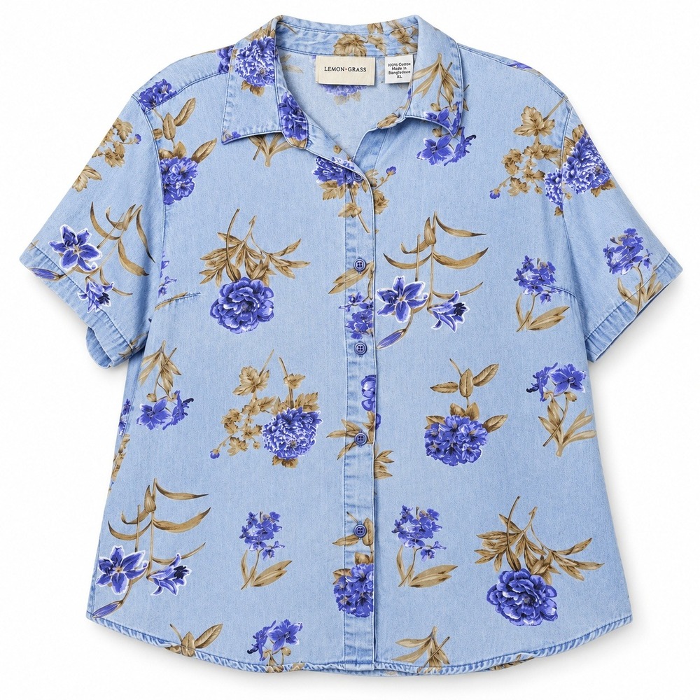 Lemon Grass Floral Denim Shirt Womens XL Light Blue Excellent Cottagecore Top